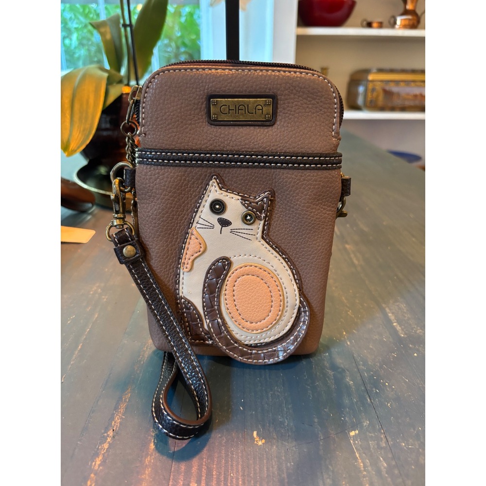 Chala Calico Cat Cell Phone Crossbody Purse Taupe Brown Faux Leather Wristlet